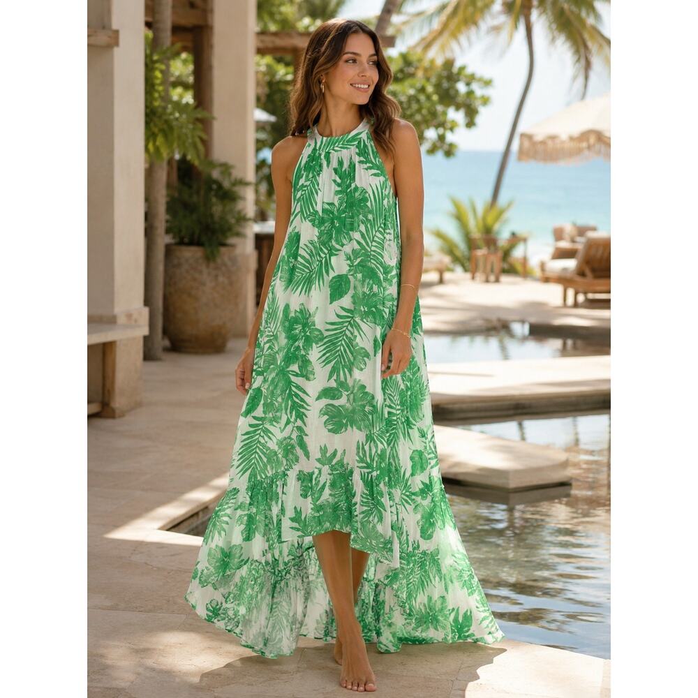 $220 Félicité | Palm Print High-Low Maxi Dress